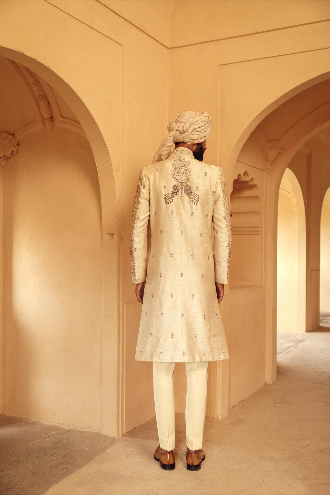 Ivory Textured Achkan Set