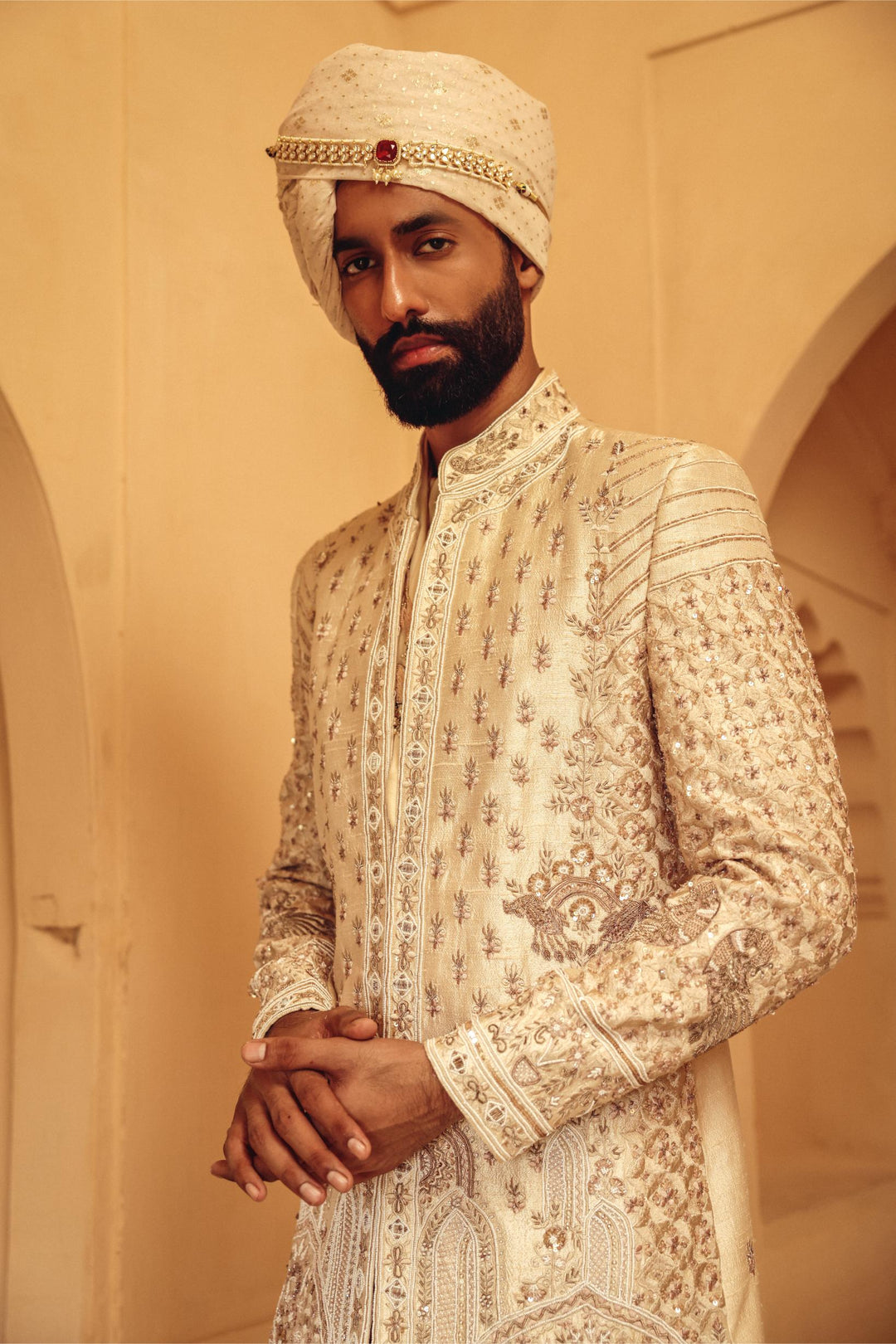 Ivory Textured Achkan Set