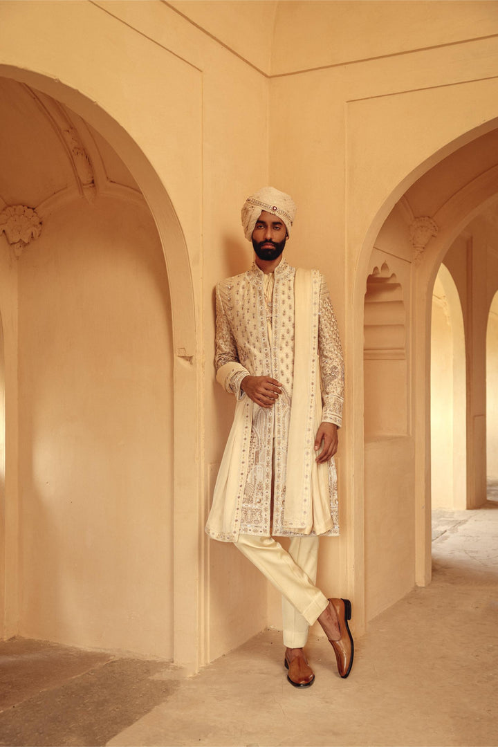 Ivory Textured Achkan Set