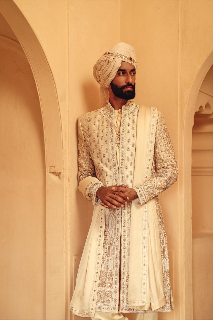 Ivory Textured Achkan Set