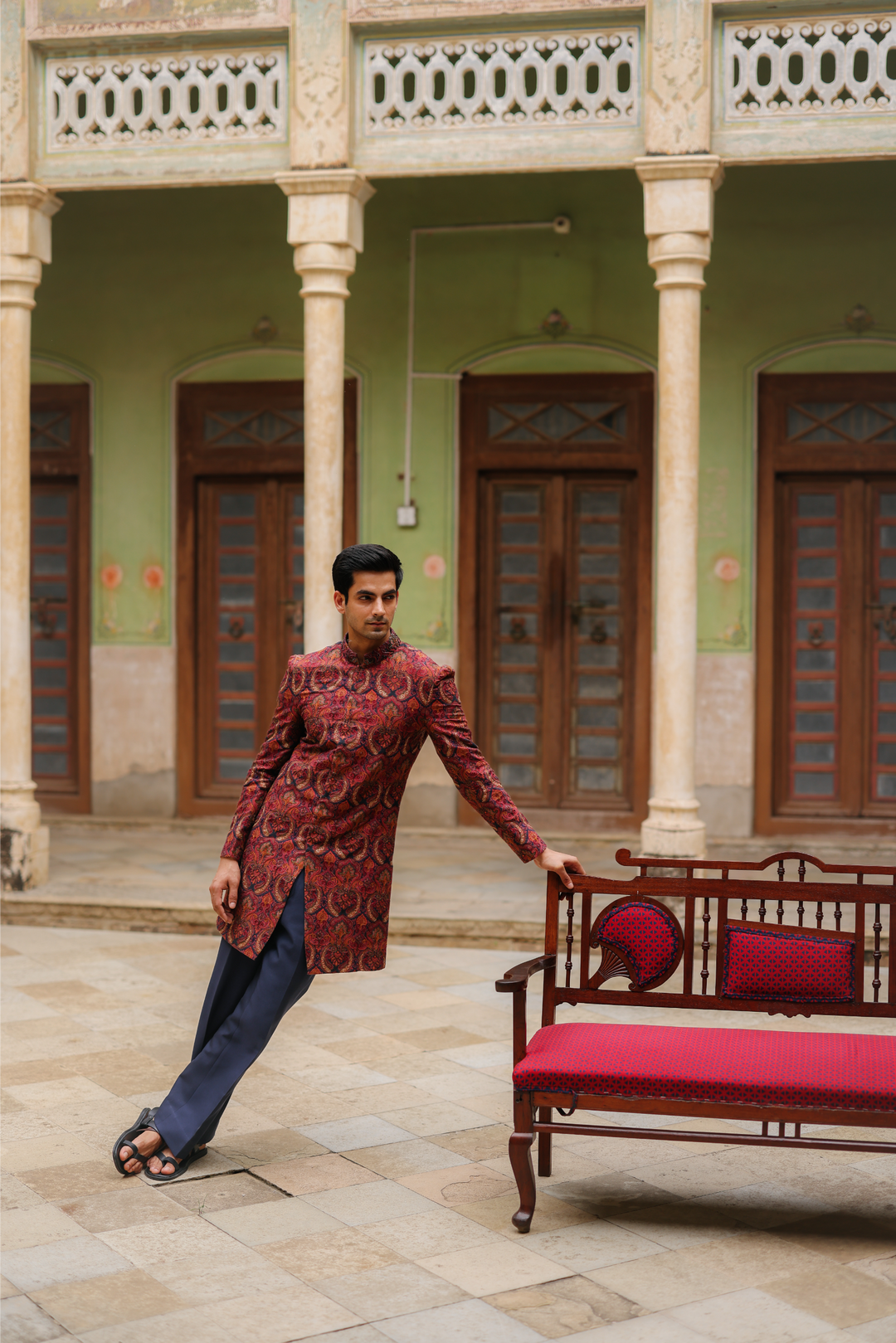 Deep Red &amp; Navy Indo-western Set