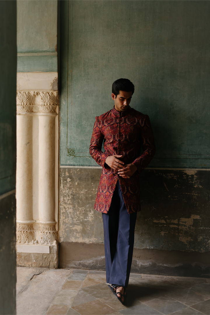 Deep Red &amp; Navy Indo-western Set