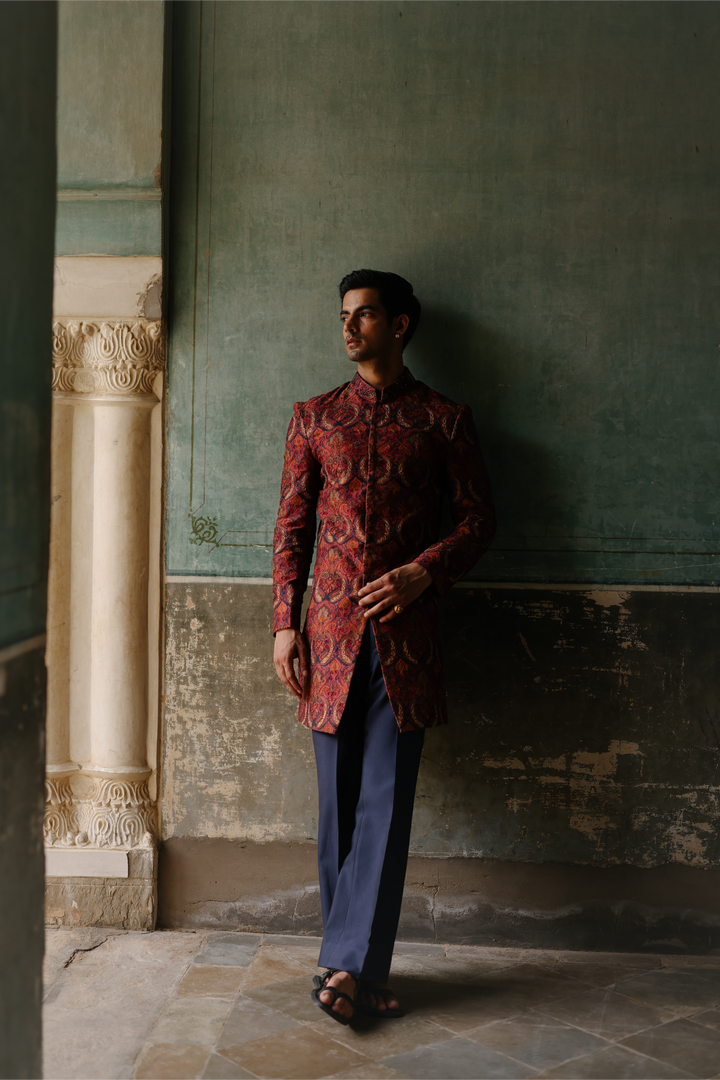 Deep Red &amp; Navy Indo-western Set