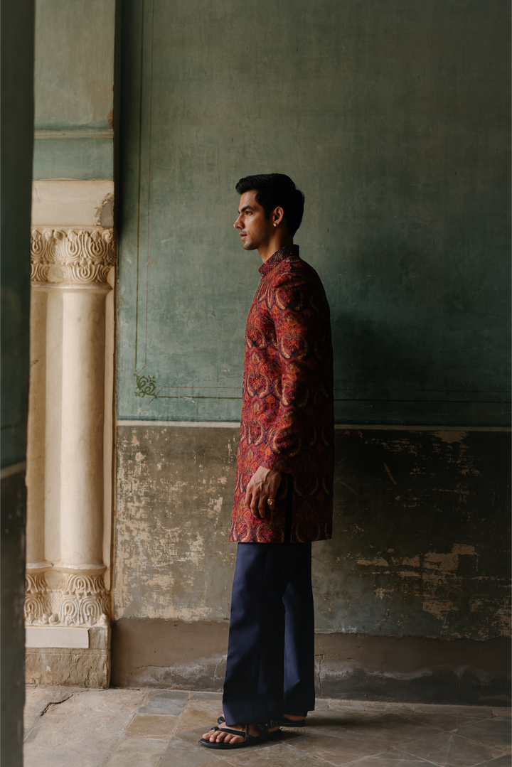 Deep Red &amp; Navy Indo-western Set