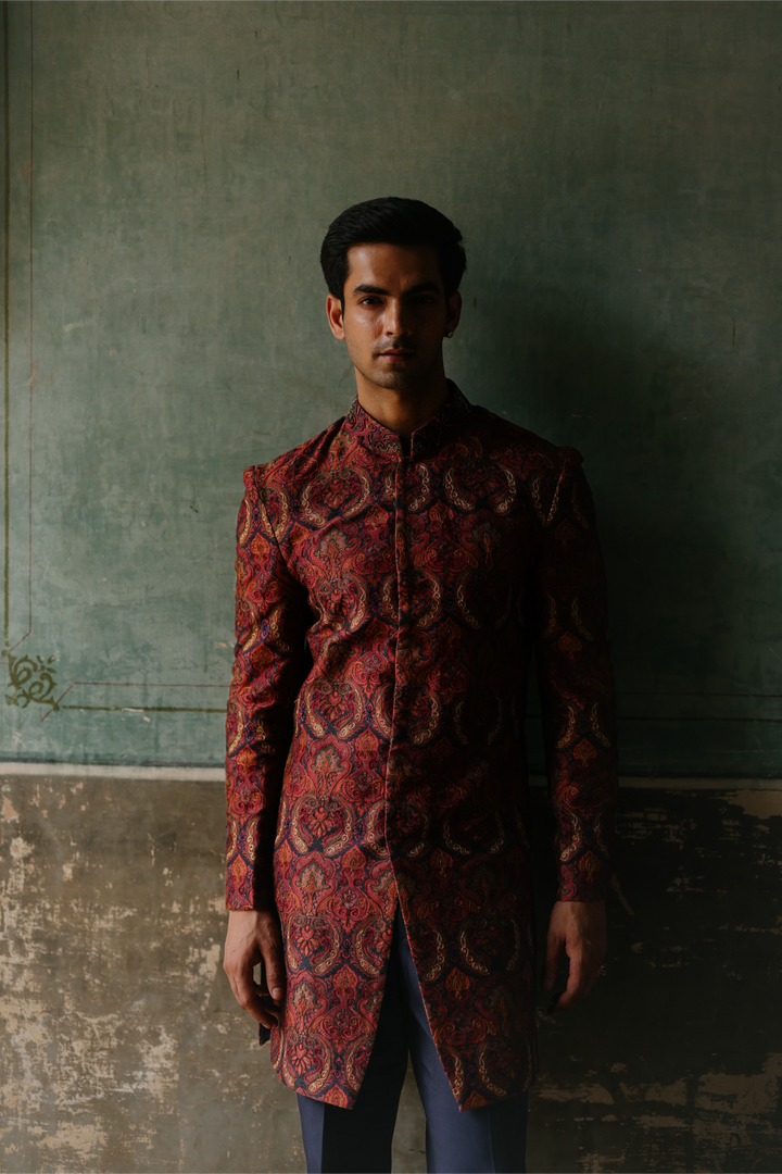 Deep Red &amp; Navy Indo-western Set