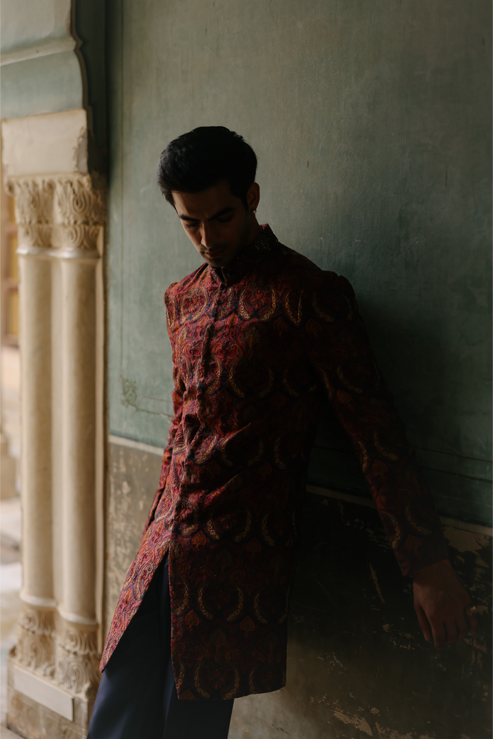 Deep Red &amp; Navy Indo-western Set